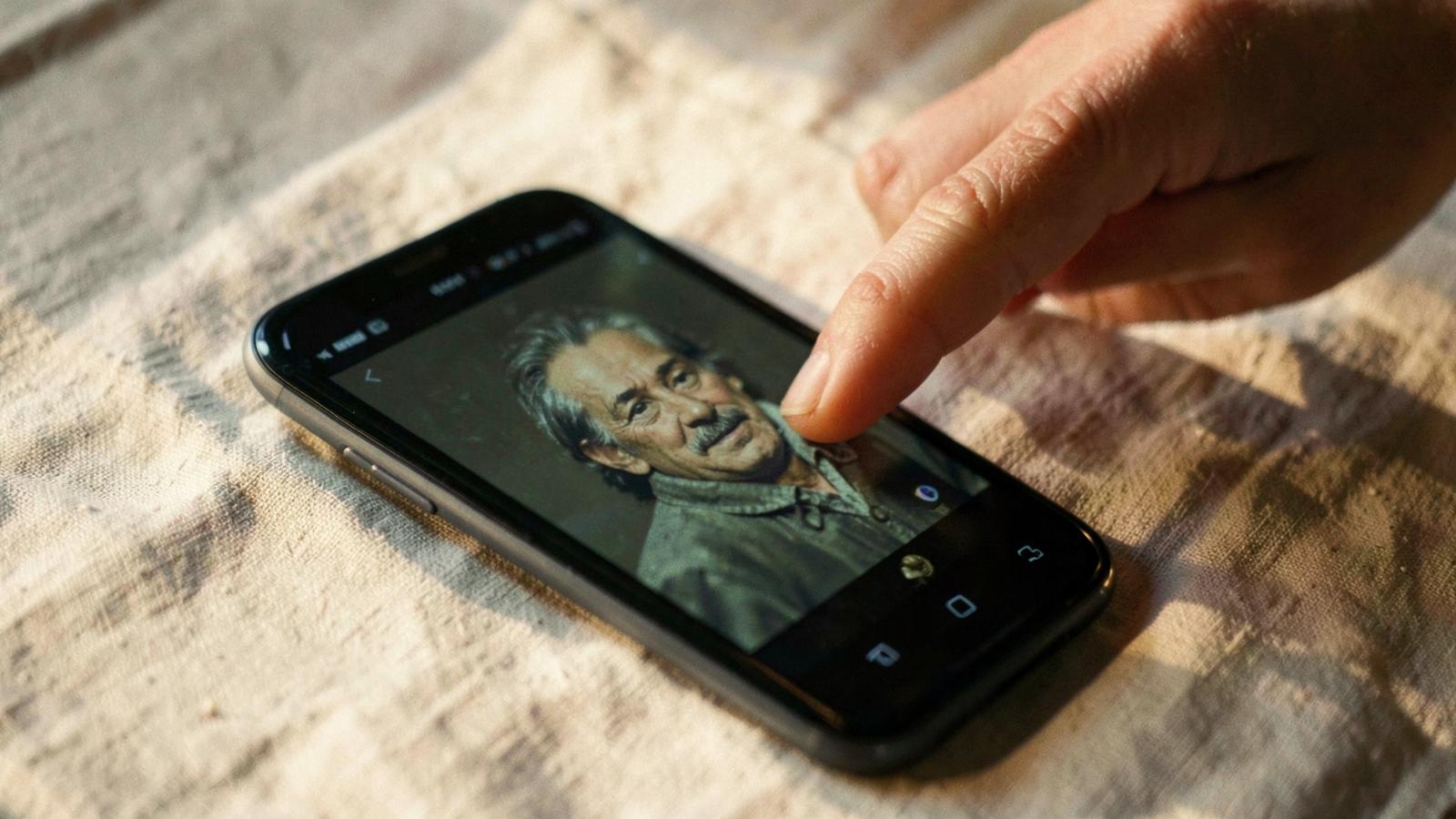 Telefon na plátěné podložce s pozastaveným videem starého portrétu