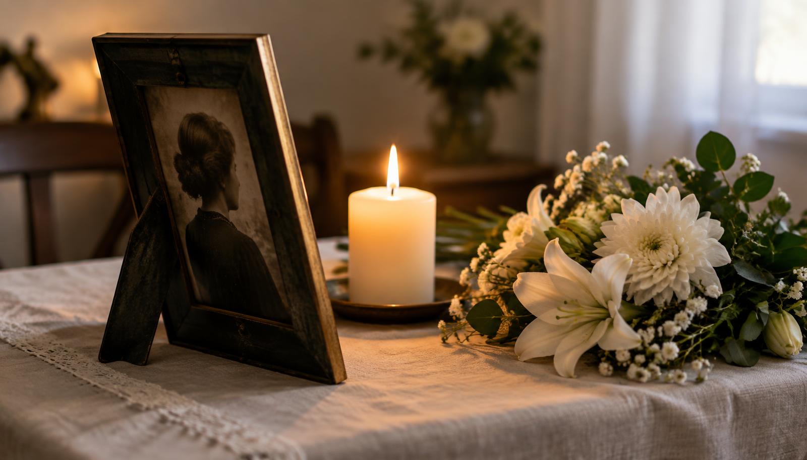 Zarámovaná stará fotografie, hořící svíčka a bílé květiny na stole se lněným ubrusem